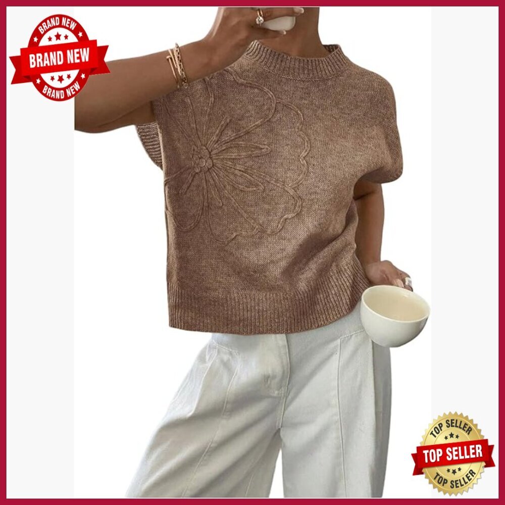 Women's Short Sleeve Pullover Sweater 3D Floral Knit Vest Lightweight